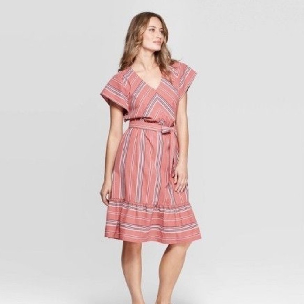 CLEARANCE NWT Pink Striped Ruffle Dolman Sleeve Midi Dress